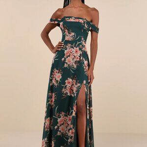 Emerald Green Floral Off-the-Shoulder Maxi Dress | Perfect for wedding season!